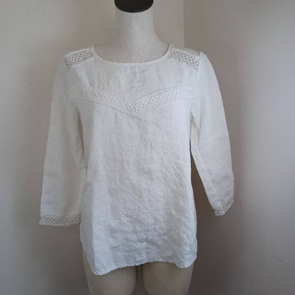 Elena Baldi Blouse White Linen Popover Tunic Lace Detail Womens Small - Picture 2 of 12